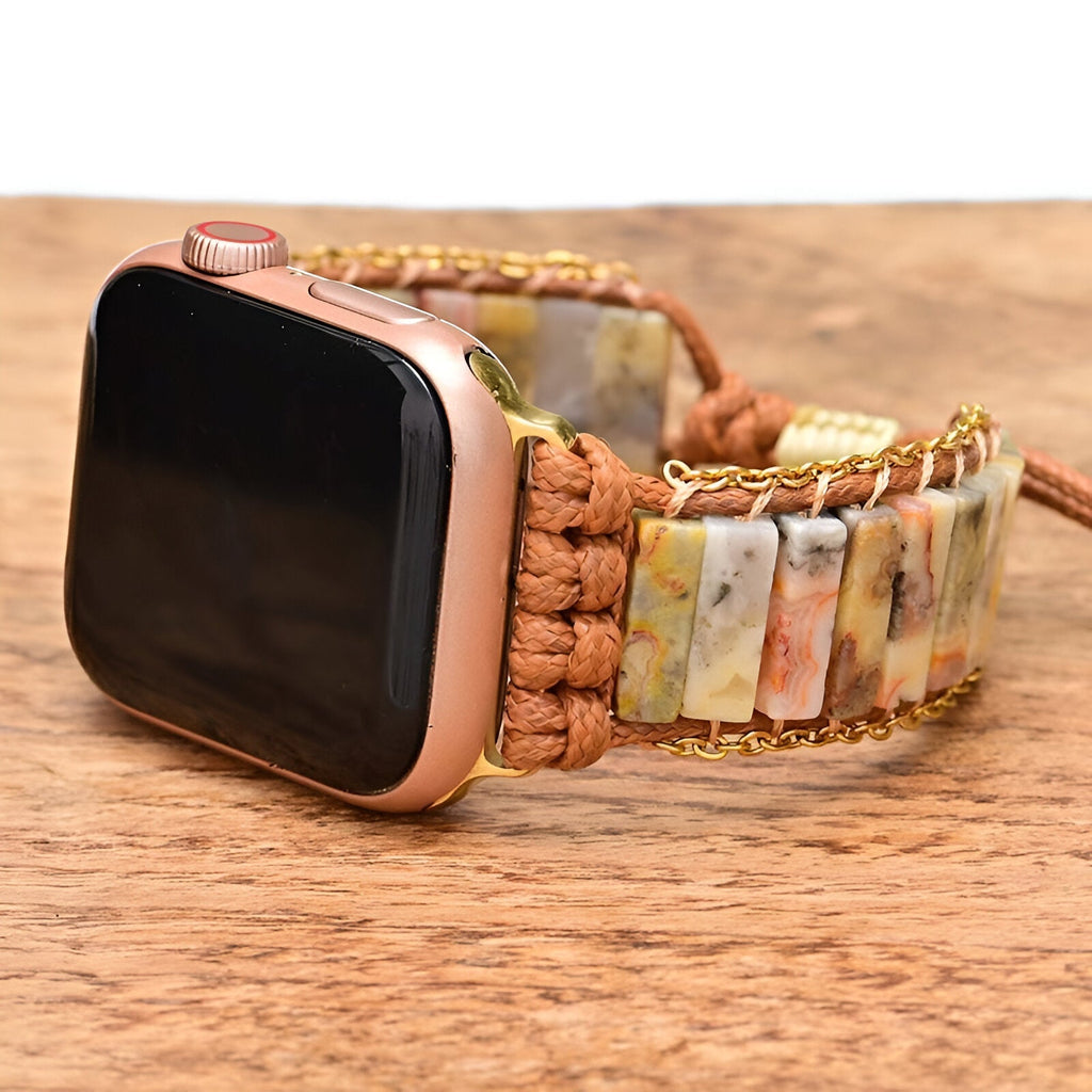 Bracelet Apple Watch femme multicolore en pierres d'agate carrées et corde tressée marron.