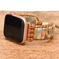 Bracelet Apple Watch femme multicolore en pierres d'agate carrées et corde tressée marron.