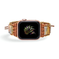 Bracelet Apple Watch femme en pierres d'agate multicolores et corde marron tressée.
