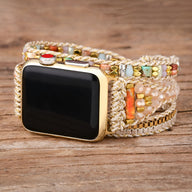 Bracelet Apple Watch multicolore en pierres de cristal fines et cordons tressés délicats pour femme.