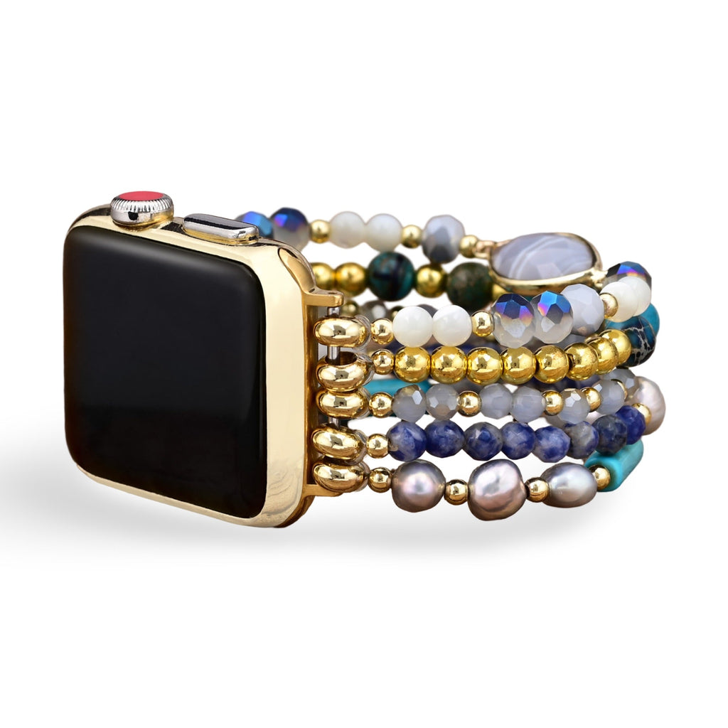 Bracelet Apple Watch femme en pierres de cristal multicolores avec perles dorées, ajustable 38-42 mm.