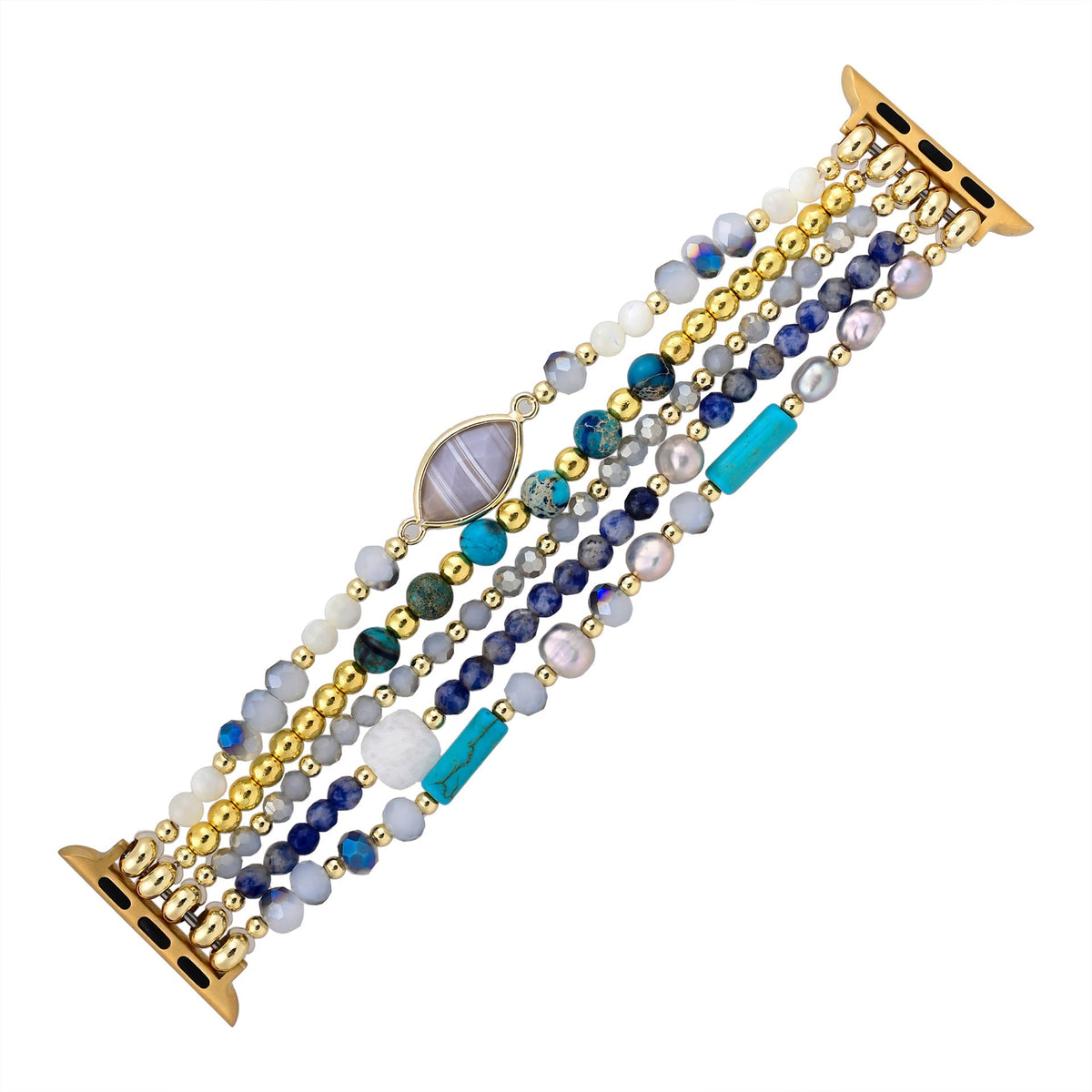 Bracelet Apple Watch multicolore en pierres de cristal avec détails dorés et bleu turquoise, style Hyra.
