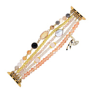 Bracelet Apple Watch pour femme à plusieurs rangs de pierres de cristal multicolores et perles dorées, connecteurs dorés.