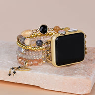 Bracelet Apple Watch femme multicolore en pierres de cristal et perles dorées, modèle Merine, taille 38-42 mm.