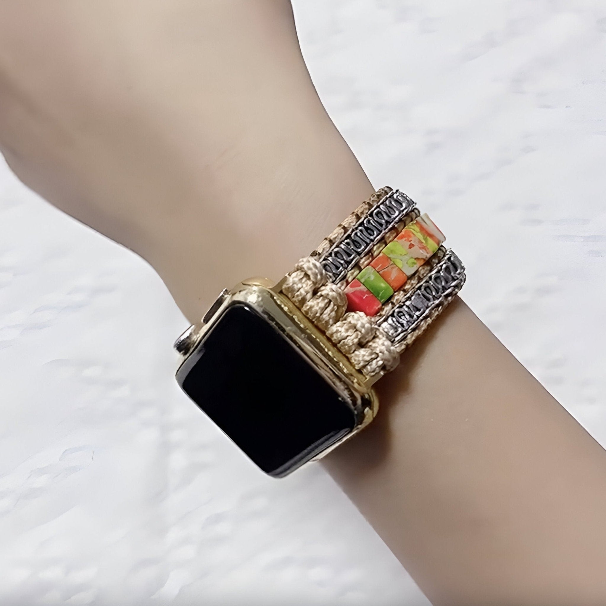 Bracelet de montre connectée, Apple Watch, en pierres de jaspe, pour femme, modèle Thalan - La Boutique du Bracelet