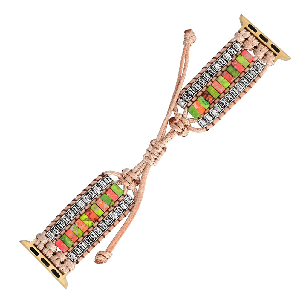 Bracelet Apple Watch femme en pierres de jaspe multicolores avec lien ajustable et attaches dorées.