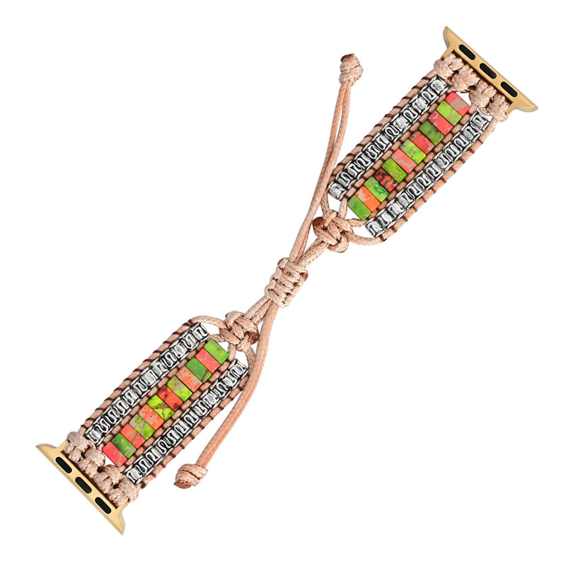 Bracelet Apple Watch femme en pierres de jaspe multicolores avec lien ajustable et attaches dorées.