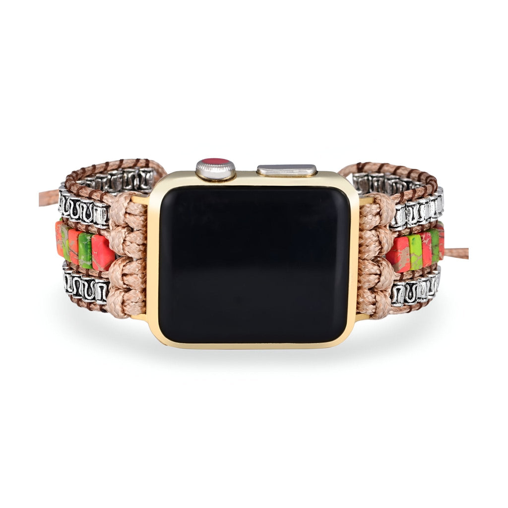 Bracelet Apple Watch multicolore en pierres de jaspe avec tissage rose et détails métalliques argentés.