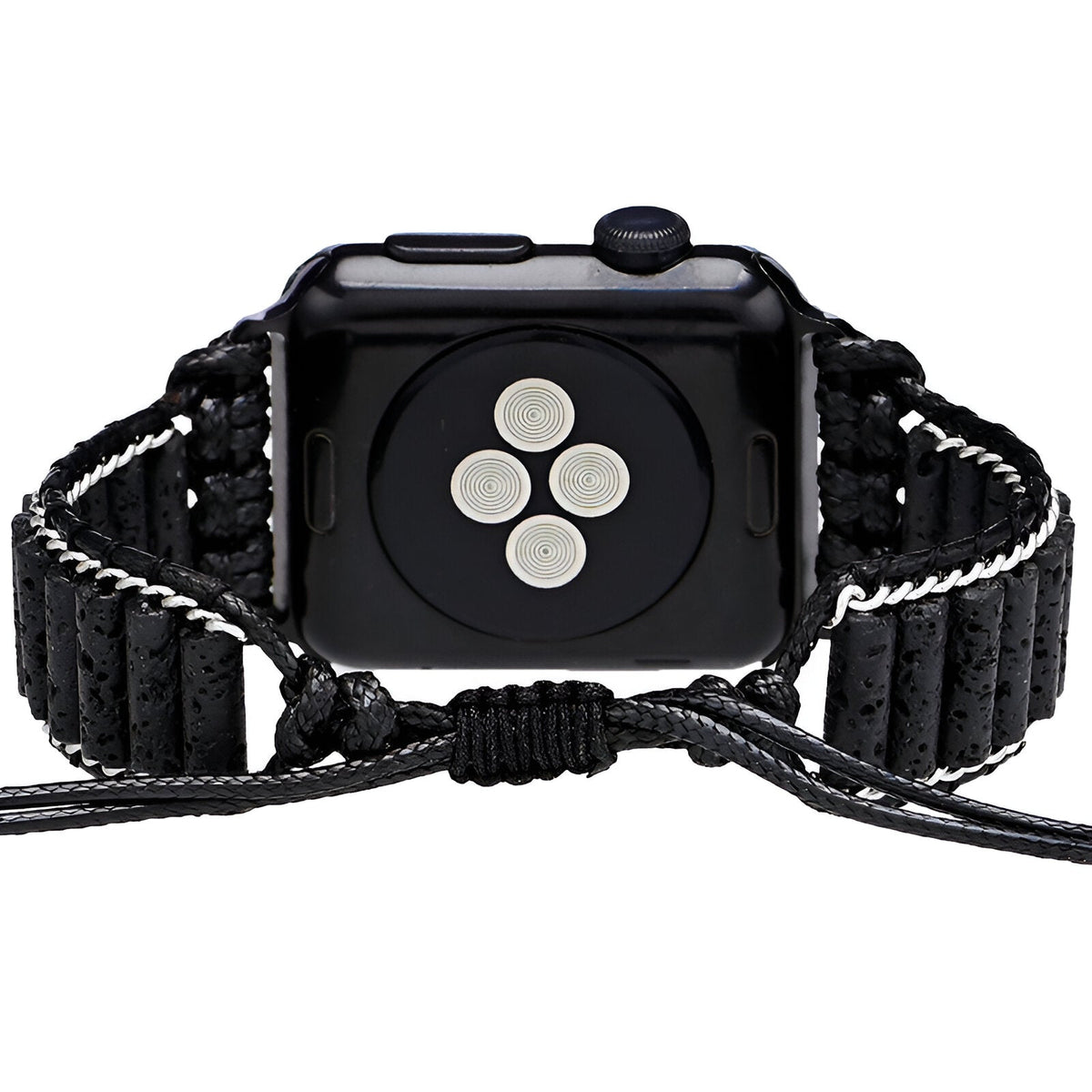 Bracelet Apple Watch en pierres volcaniques noires avec tressage ajustable et finition argentée.
