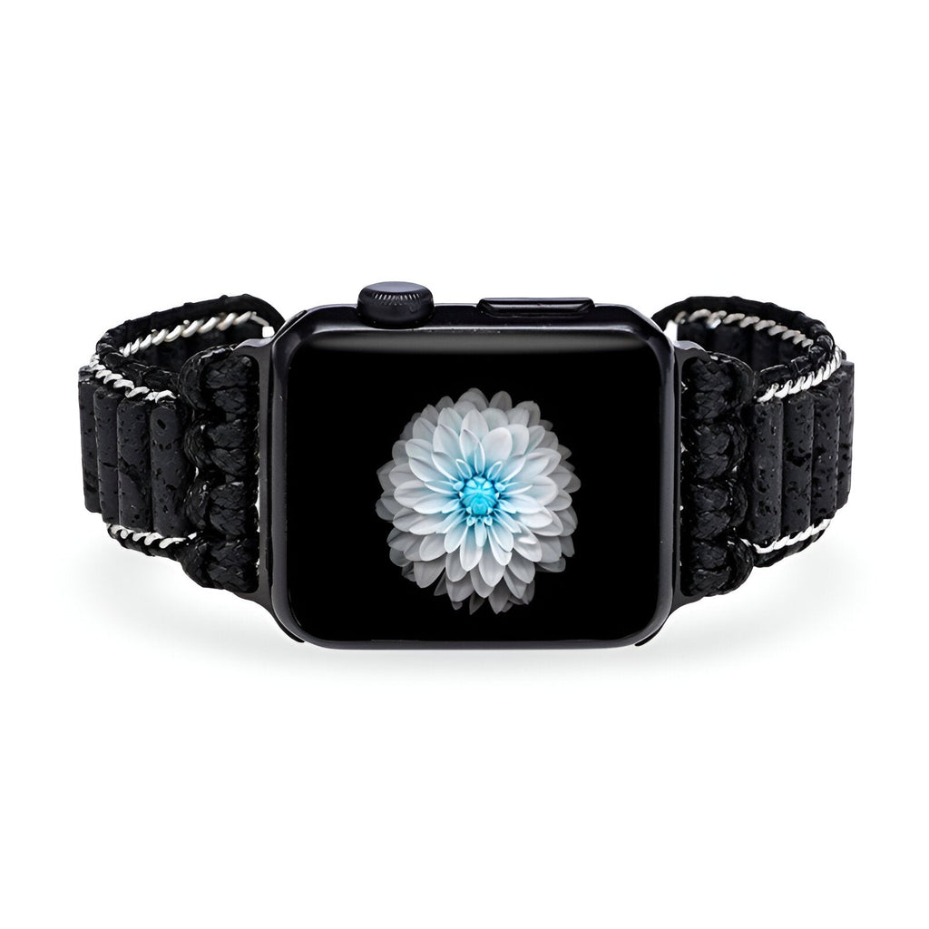 Bracelet Apple Watch femme en pierres volcaniques noires, motif tressé, modèle Ryline.