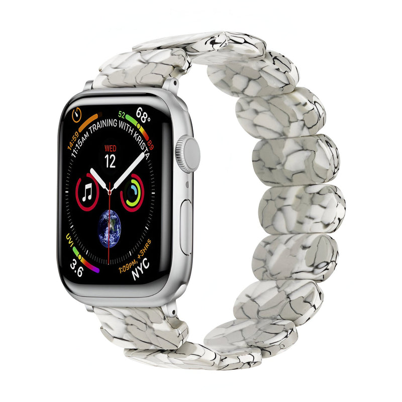 Bracelet Apple Watch en résine blanc tacheté avec maillons larges pour femme modèle Ilya.