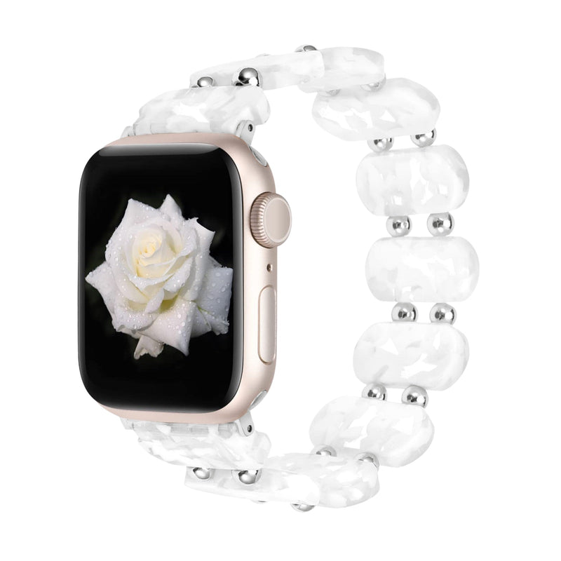 Bracelet en résine blanche translucide pour Apple Watch avec perles rondes et argentées, style sauvage.