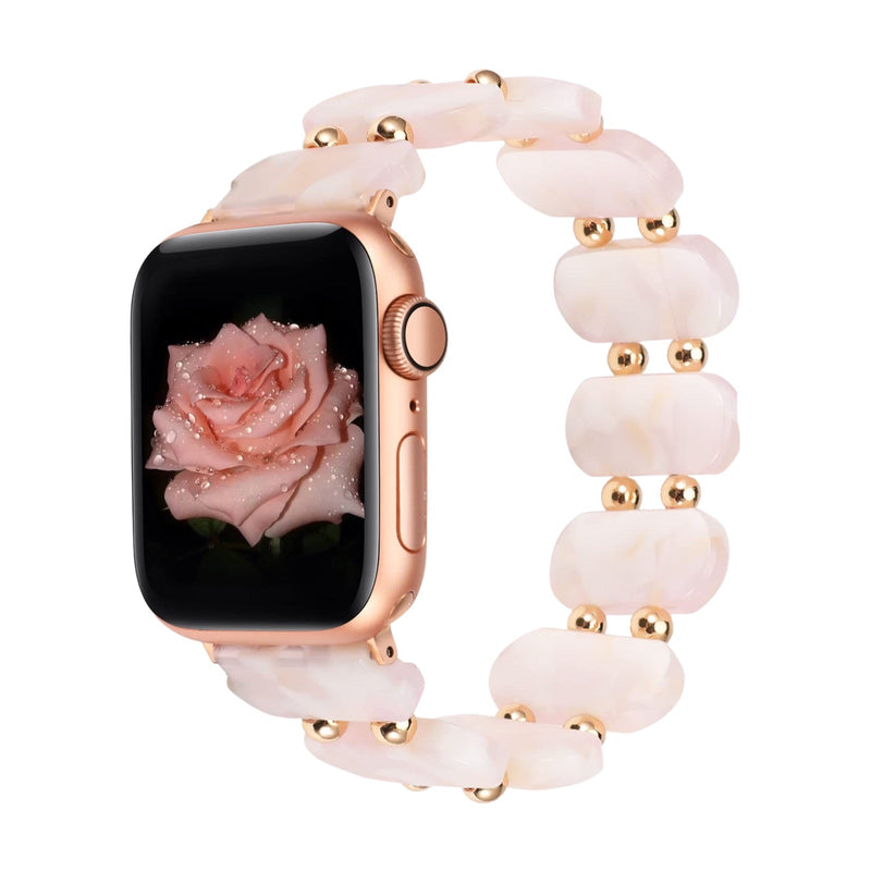 Bracelet Apple Watch en résine rose pâle style sauvage avec perles dorées, pour femme.