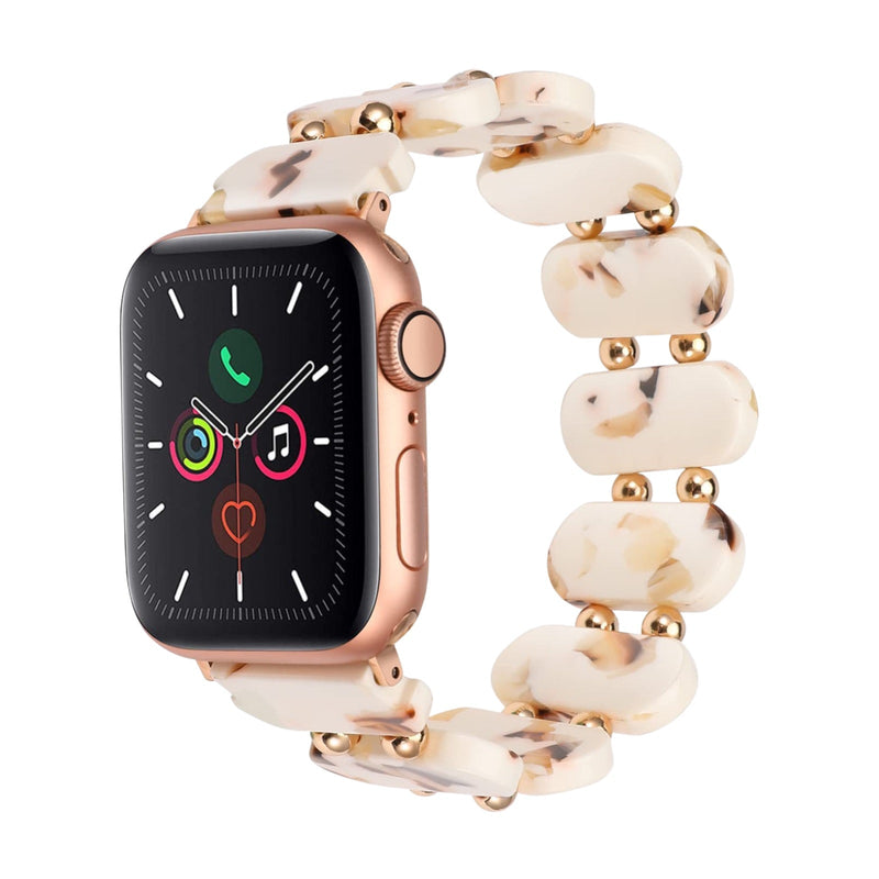 Bracelet Apple Watch en résine crème marbrée avec perles dorées, style sauvage, modèle Lokou.