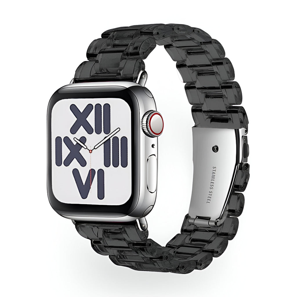 Bracelet Apple Watch femme en résine transparente noire, maillons larges, fermoir métallique argenté.