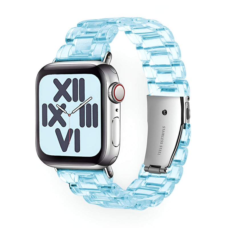 Bracelet transparent en résine bleu clair pour Apple Watch, style maillons larges.