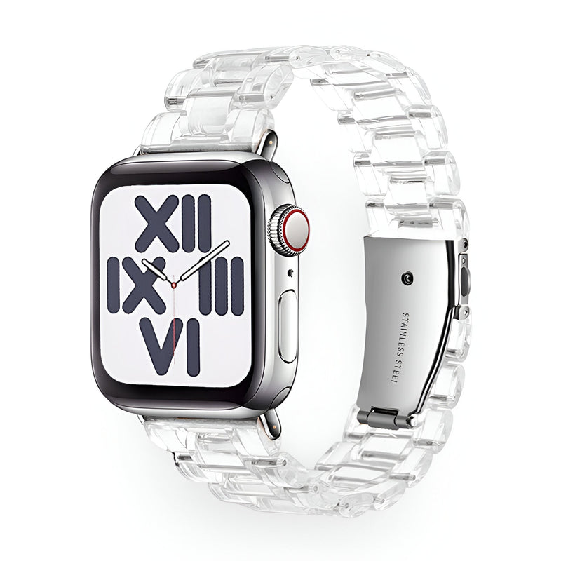 Bracelet Apple Watch en résine transparente pour femme, modèle Mirai, élégant et moderne.