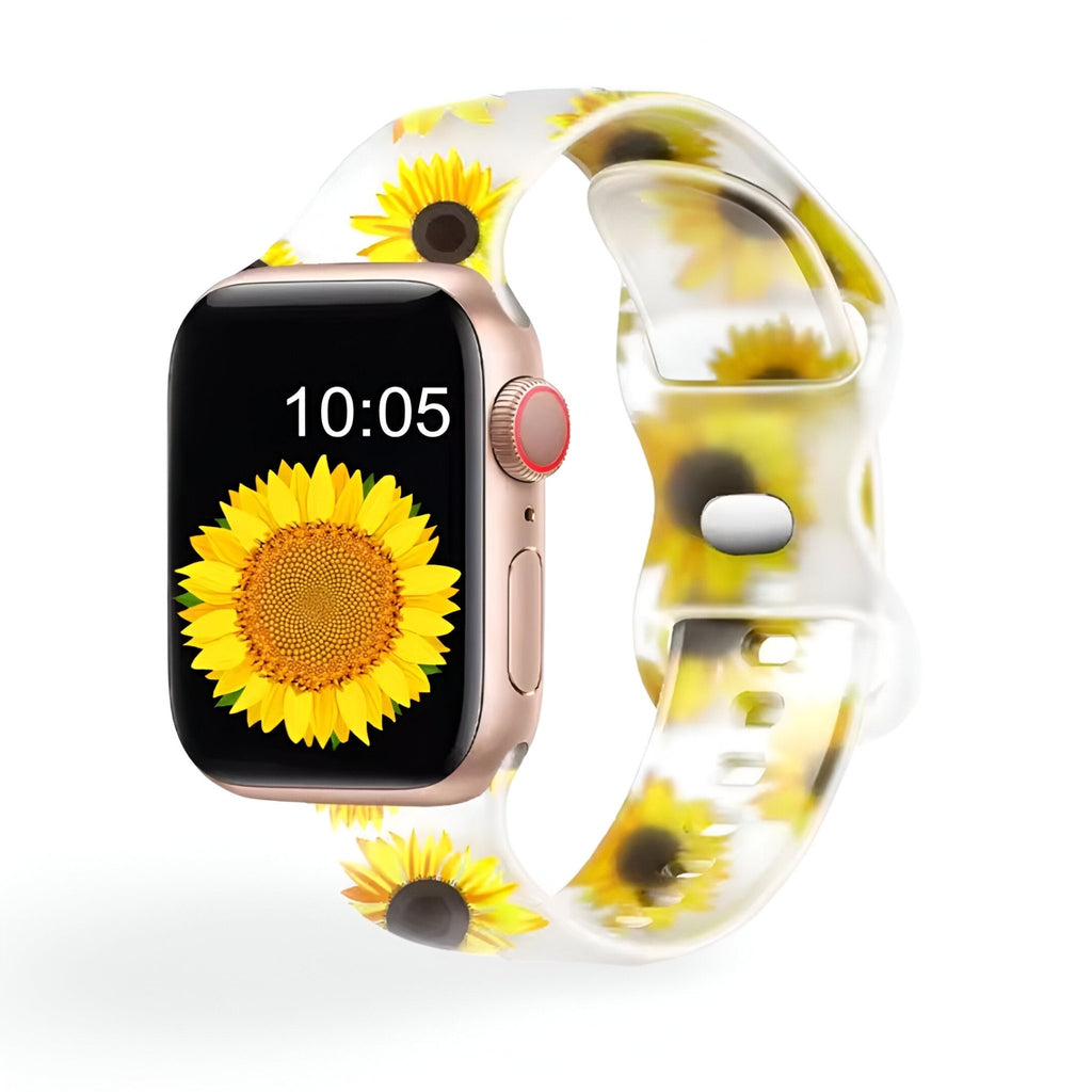 Bracelet Apple Watch en silicone blanc à motifs tournesols jaunes éclatants pour femme.