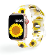 Bracelet Apple Watch en silicone blanc à motifs tournesols jaunes éclatants pour femme.