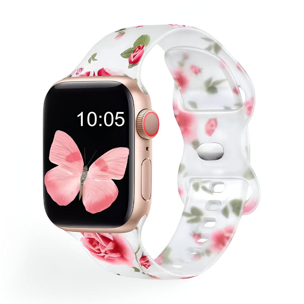 Bracelet Apple Watch en silicone blanc transparent avec motifs floraux roses et rouges pour femme.