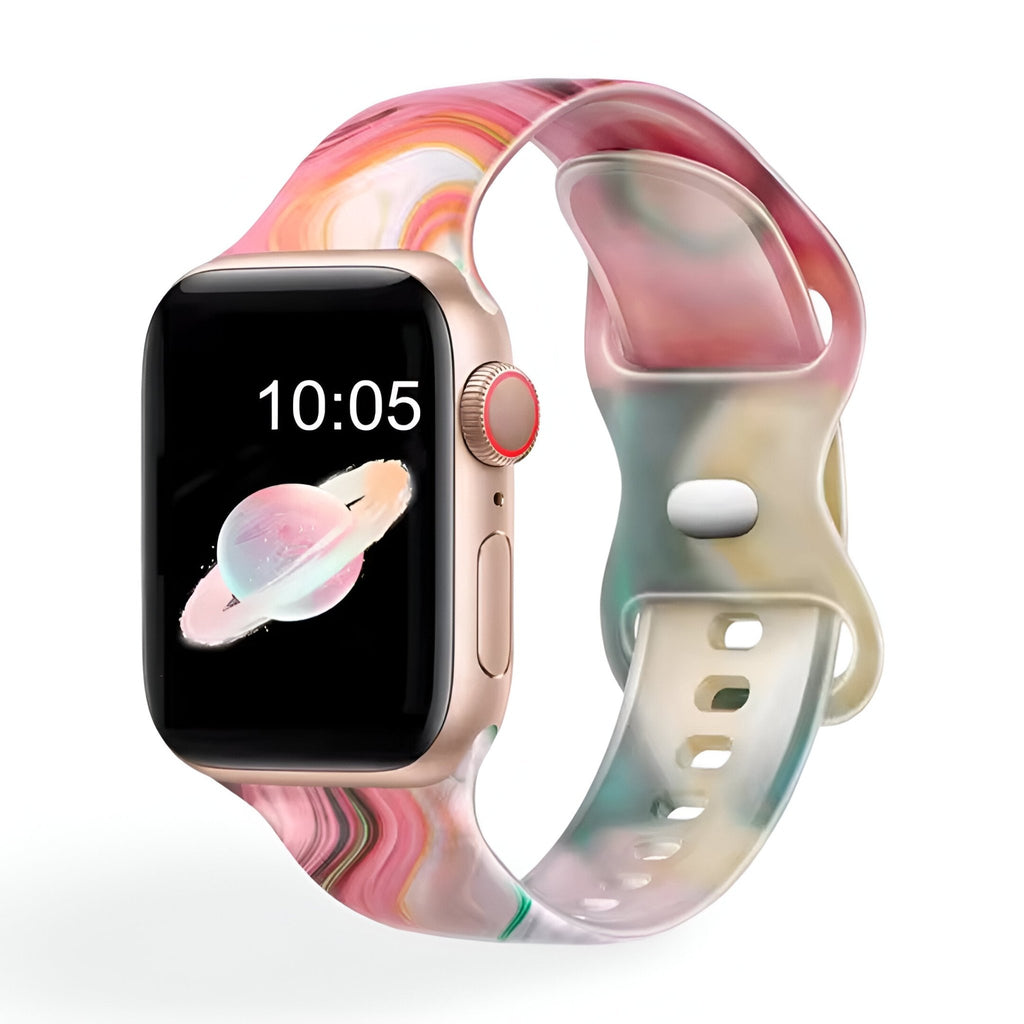 Bracelet Apple Watch silicone femme motif abstrait rose orange et vert pour 38-42 mm.