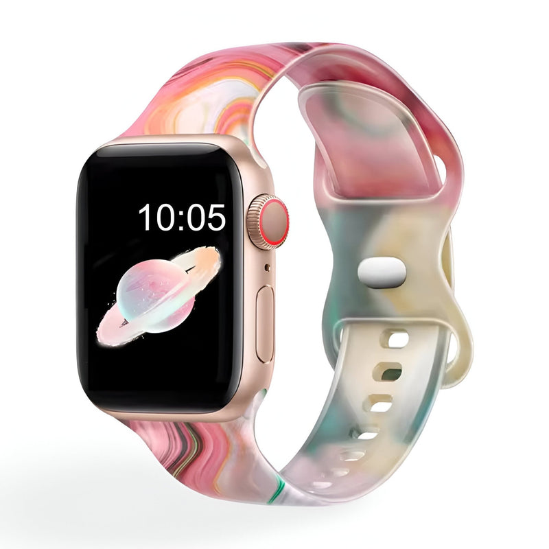 Bracelet Apple Watch silicone femme motif abstrait rose orange et vert pour 38-42 mm.