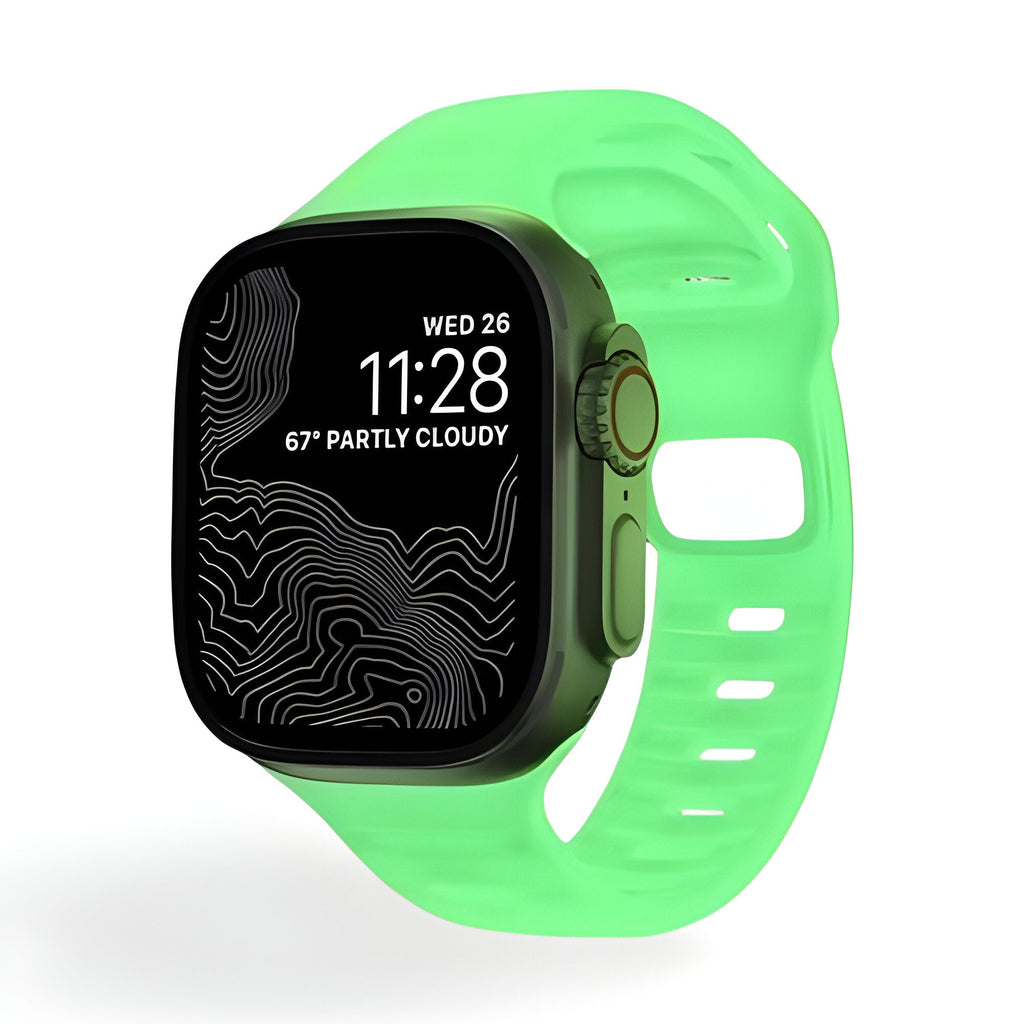 Bracelet Apple Watch silicone vert phosphorescent pour homme modèle Kelan, taille ajustable.