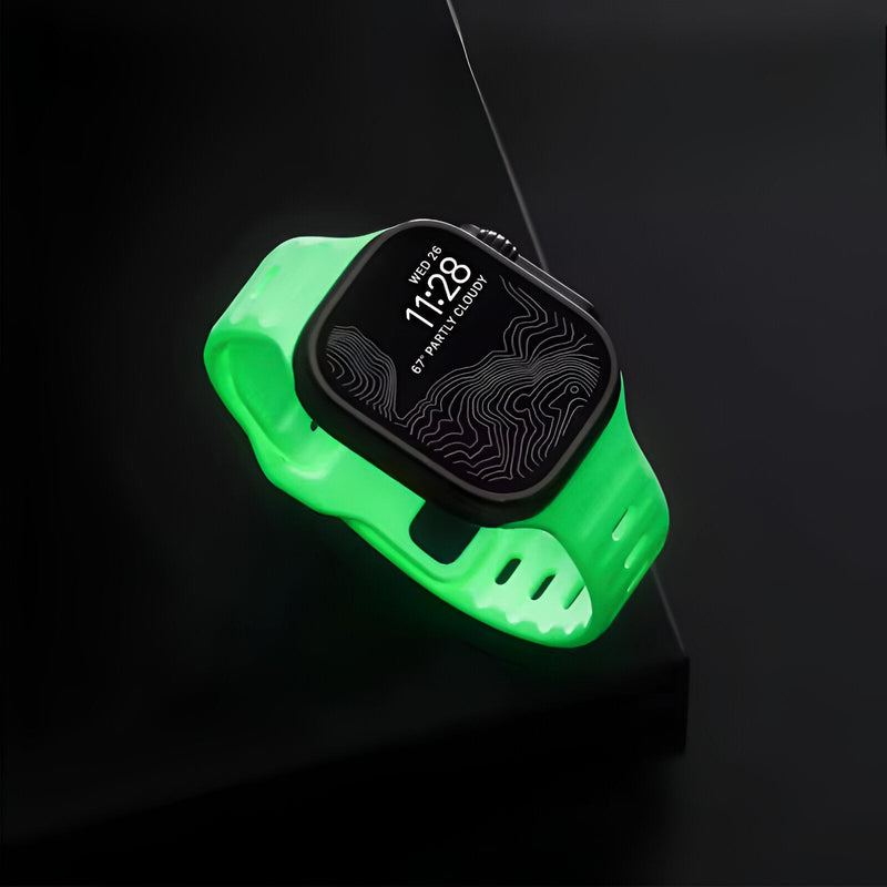 Bracelet Apple Watch en silicone phosphorescent vert lumineux pour homme, modèle Kelan, taille ajustable.