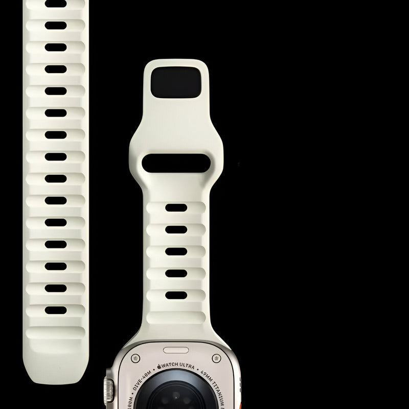 Bracelet Apple Watch en silicone blanc, phosphorescent, pour homme, modèle Kelan, design perforé ajustable.