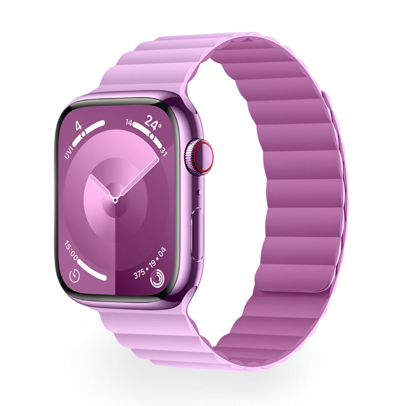 Bracelet Apple Watch en silicone lilas style sport, modèle Bryn, taille ajustable 38-42 mm.