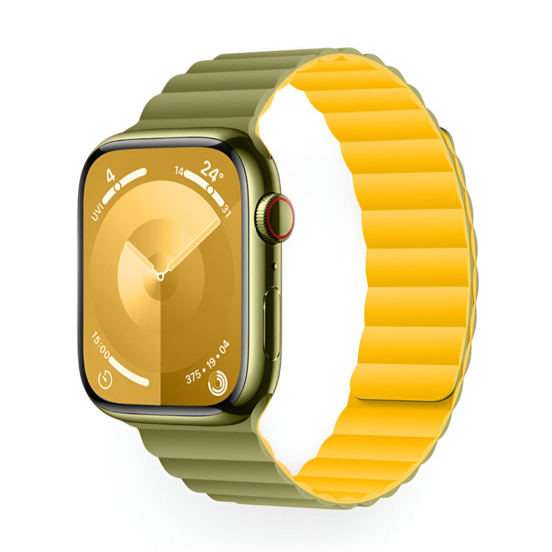 Bracelet Apple Watch sport en silicone vert clair à l'extérieur et jaune à l'intérieur, design Bryn, modèle mixte.