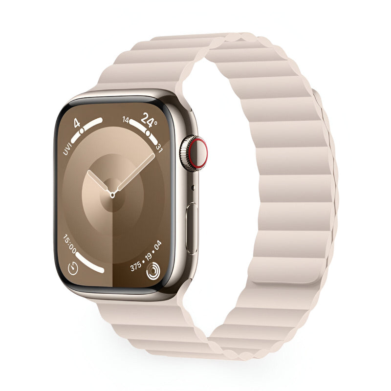 Bracelet Apple Watch en silicone beige clair lisse, style sport unisexe, modèle Bryn.
