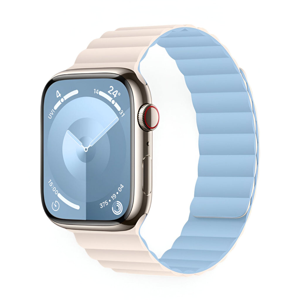 Bracelet Apple Watch en silicone beige extérieur et bleu clair intérieur, modèle sport Bryn, mixte.