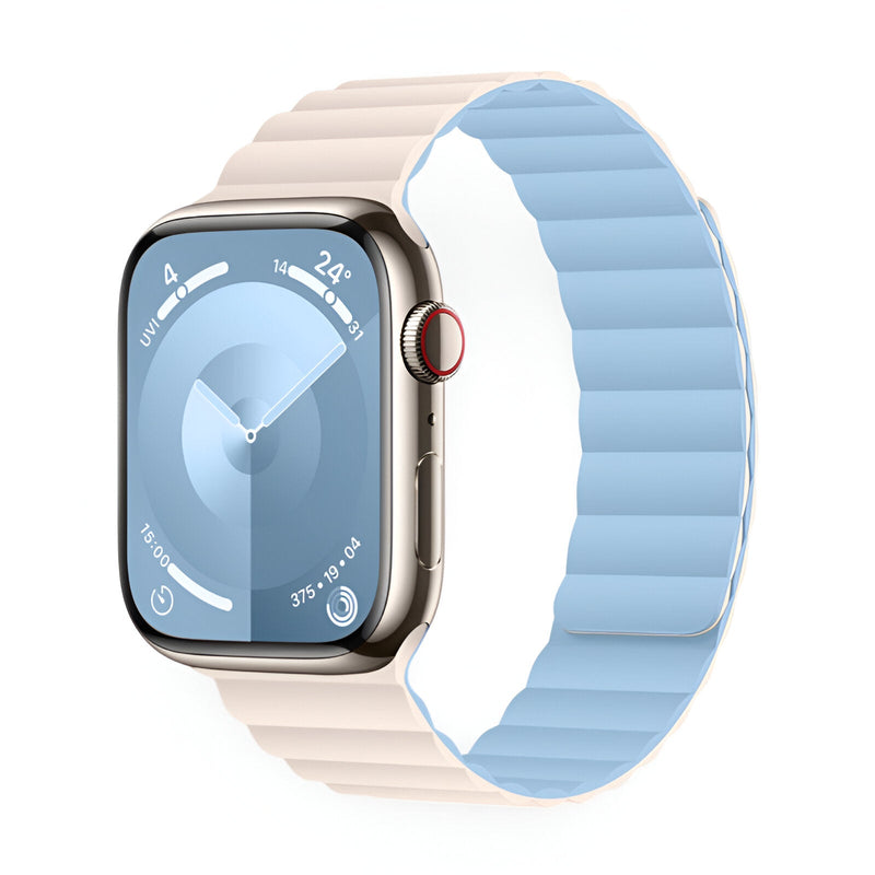 Bracelet Apple Watch en silicone beige extérieur et bleu clair intérieur, modèle sport Bryn, mixte.