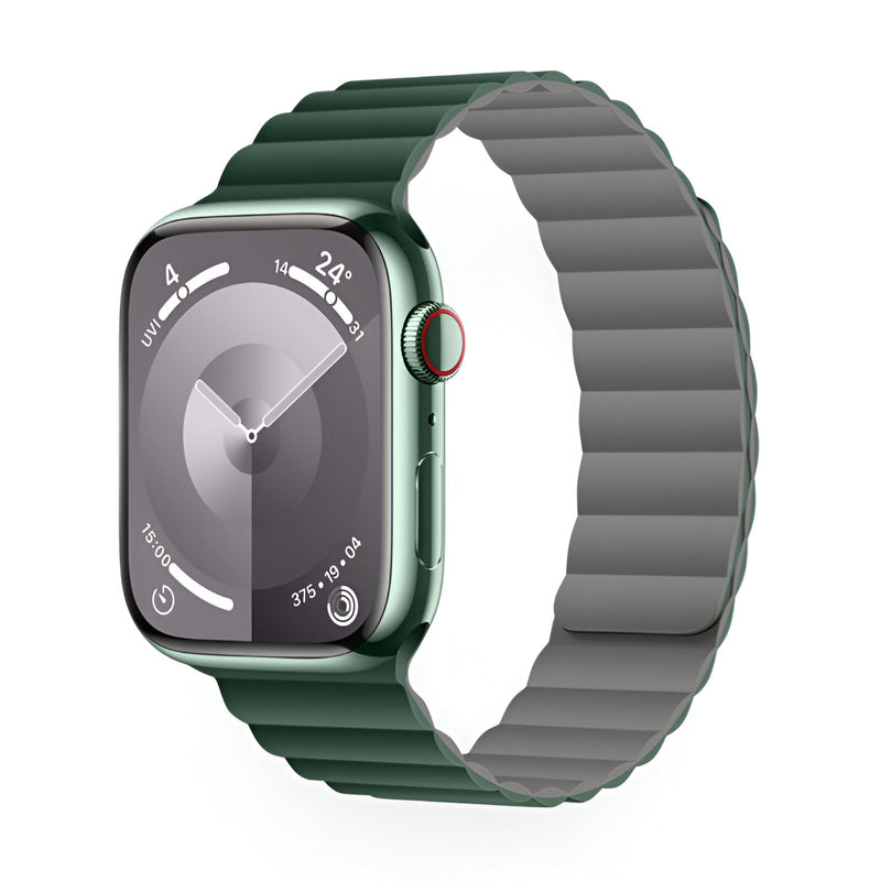 Bracelet Apple Watch en silicone vert foncé et gris, style sport, modèle Bryn.