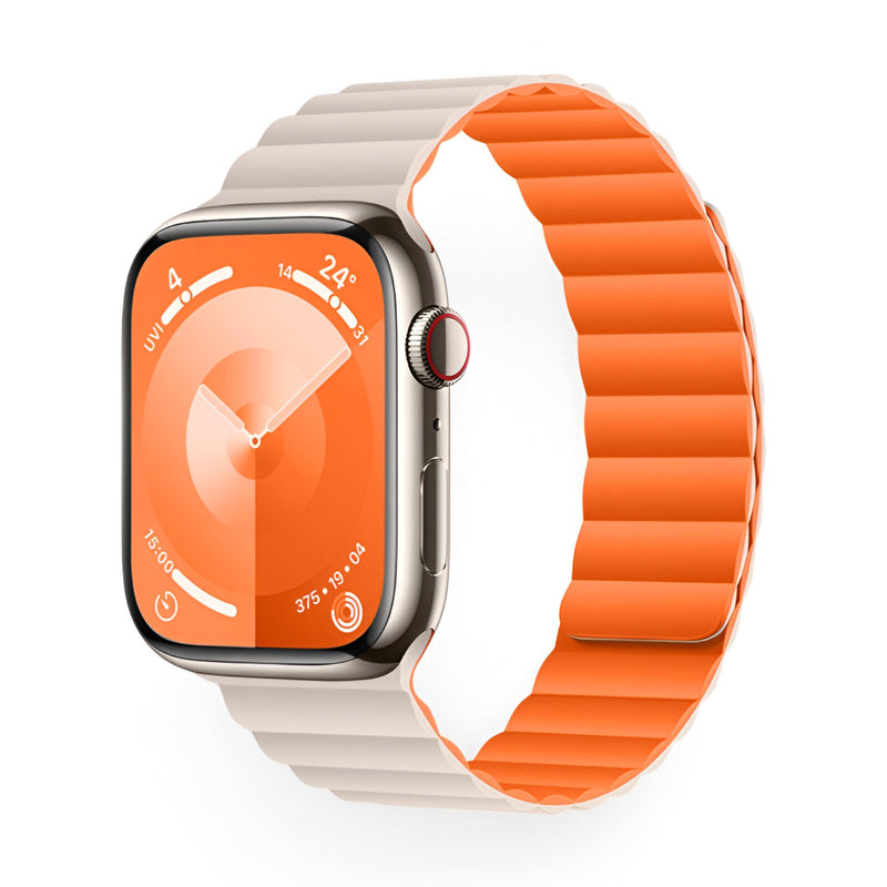 Bracelet Apple Watch en silicone beige extérieur et orange intérieur, texture nervurée sportive, taille 38-42 mm.