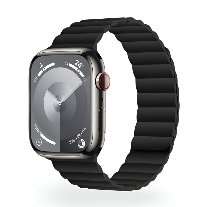 Bracelet en silicone noir pour Apple Watch, style sport avec maillons flexibles, adapté mixte.