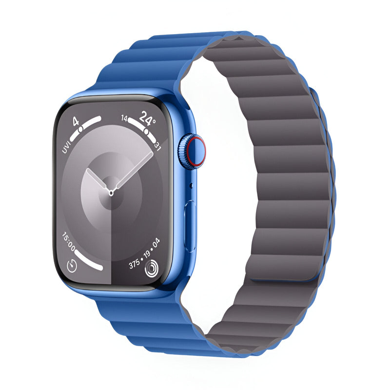 Bracelet Apple Watch en silicone bleu vibrant avec intérieur gris, style sportif et mixte.
