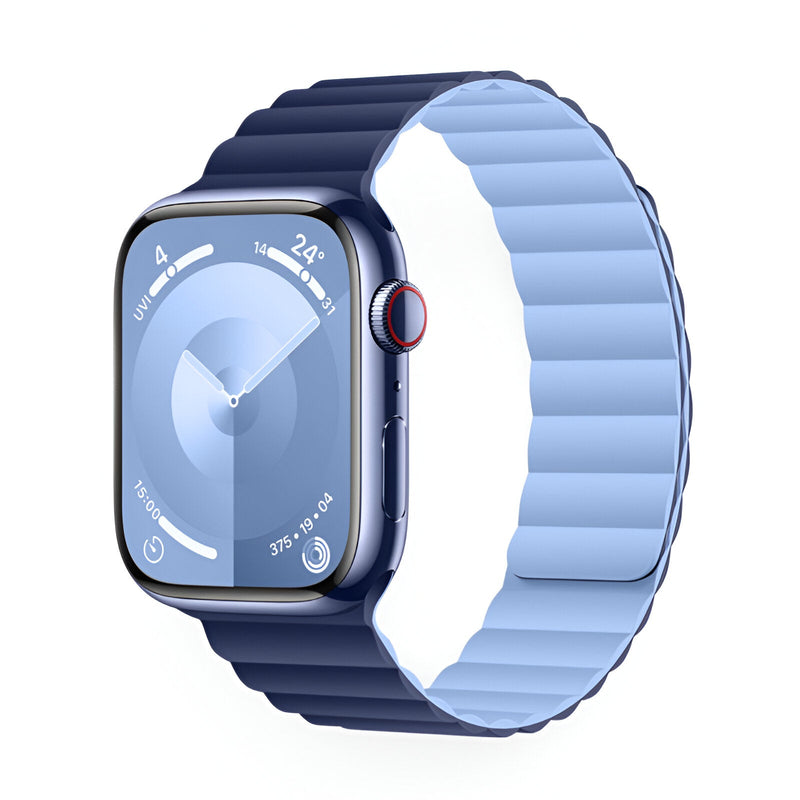 Bracelet Apple Watch silicone bleu marine extérieur et bleu clair intérieur, style sport, modèle Bryn.
