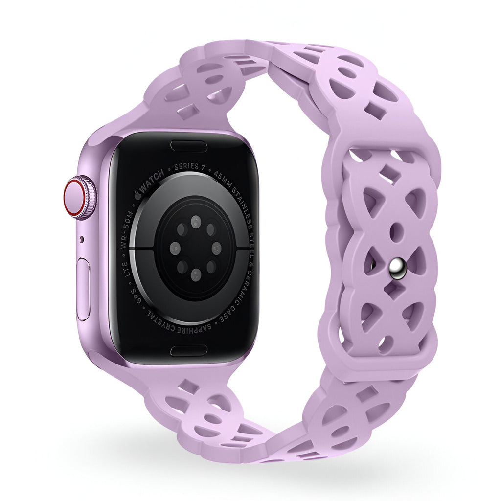 Bracelet en silicone lila à motifs ajourés pour Apple Watch taille 38 à 42 mm.