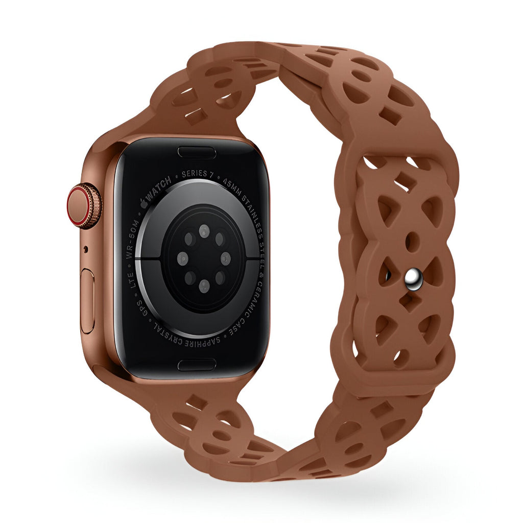 Bracelet Apple Watch en silicone beige à motif ajouré tressé, taille 38-42 mm.