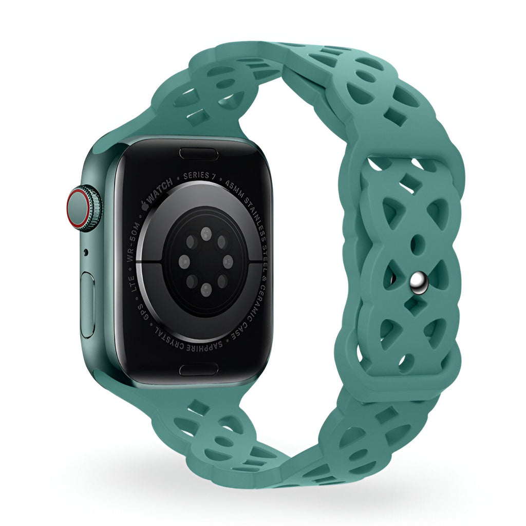 Bracelet Apple Watch silicone turquoise avec motif entrelacé ajouré.