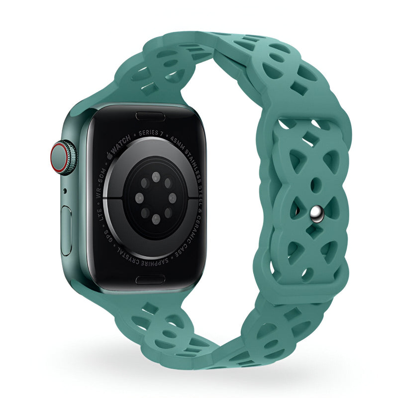 Bracelet Apple Watch silicone turquoise avec motif entrelacé ajouré.