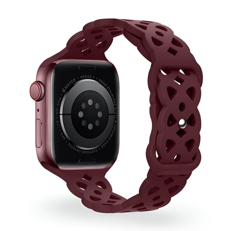 Bracelet Apple Watch en silicone bordeaux à motif ajouré entrelacé, modèle Astra.
