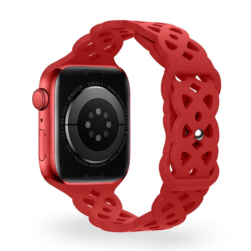 Bracelet Apple Watch rouge en silicone avec design ajouré entrelacé, modèle Astra.