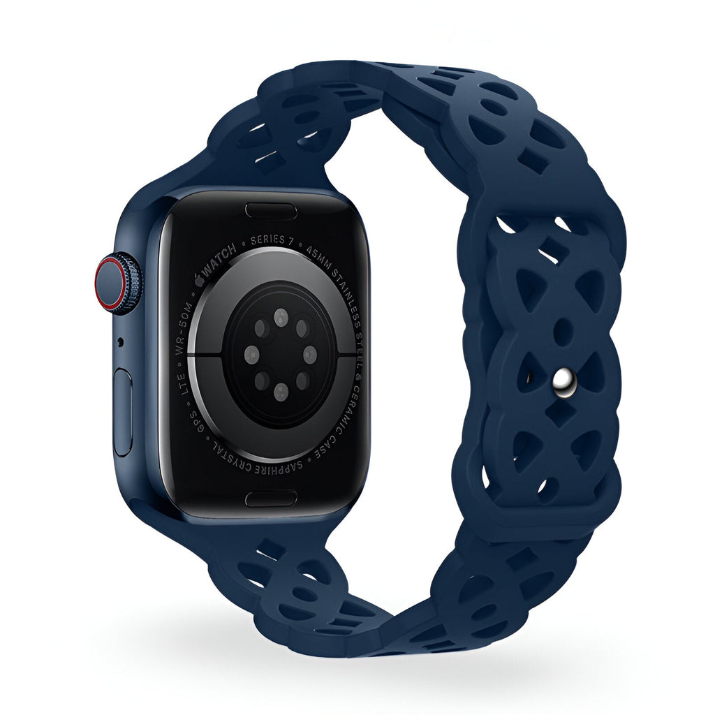 Bracelet Apple Watch en silicone bleu marine avec design ajouré entrelacé, style mixte.