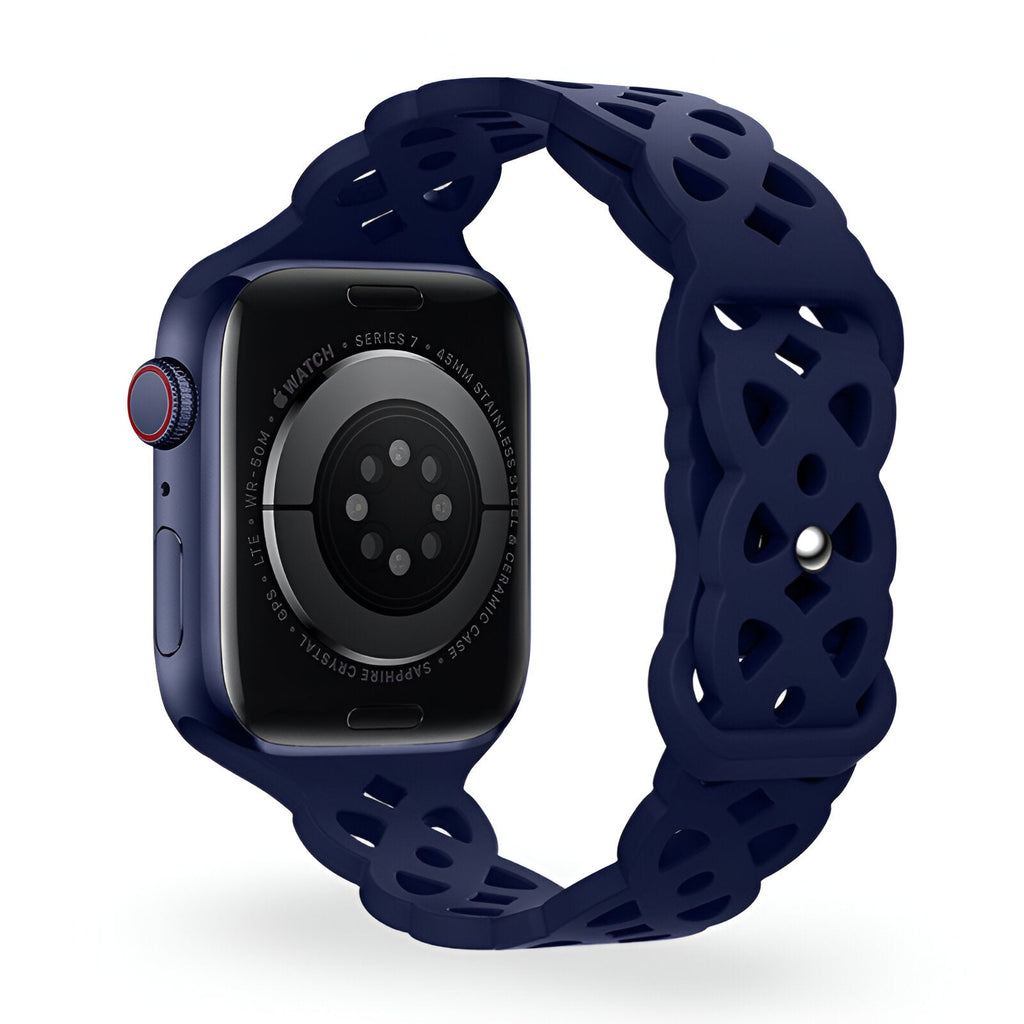 Bracelet Apple Watch en silicone bleu marine avec motif entrelacé et fermoir à bouton pression.