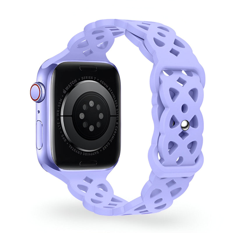 Bracelet Apple Watch silicone lilas modèle Astra avec design entrelacé ajouré.