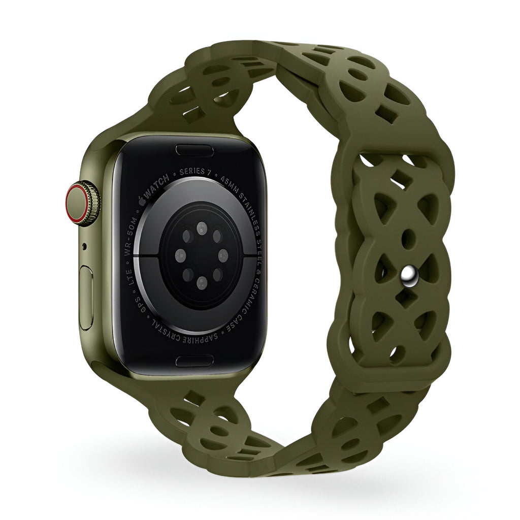 Bracelet Apple Watch en silicone vert olive à motif ajouré, modèle Astra, taille 43-49 mm.
