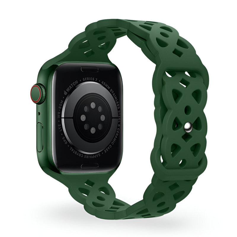 Bracelet vert foncé en silicone pour Apple Watch avec motif ajouré tressé.